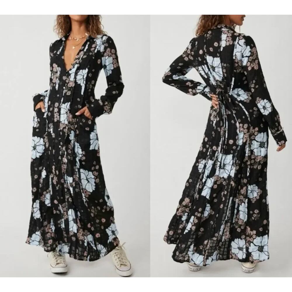 Free People Black Back At It Floral Maxi Dress S